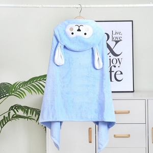 Light blue coral fleece hooded baby towel with a cute sheep design for soft drying