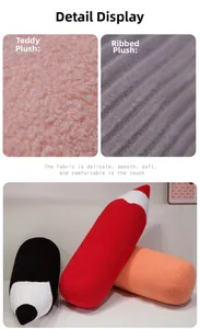 Detail of soft teddy fleece and striped velvet fabric on pencil shaped plush pillows