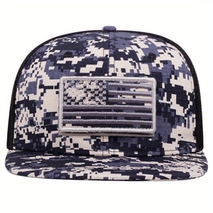 Tactical digital camouflage snapback cap with American flag patch for outdoor use