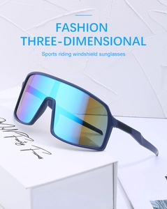 Detail of blue sport sunglasses with rainbow reflective lens and stylish wide frame