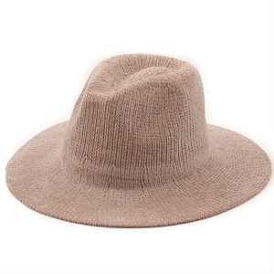 Close-up of knit texture and wide brim on a khaki chenille fedora hat for winter