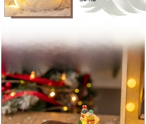 Detail of miniature glowing gingerbread house with warm LED lights and snow-covered roof
