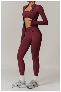 Three-piece burgundy seamless yoga set with thumbhole jacket and high waist leggings