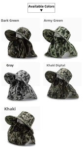 Detail showing five camouflage colors for outdoor sun hats with neck flaps and mesh