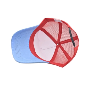 Detail view of adjustable snapback strap and breathable mesh on a color-block trucker hat