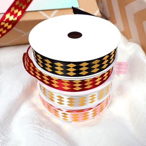 Diamond pattern gold stamped ribbons in black red white and pink for gift wrapping