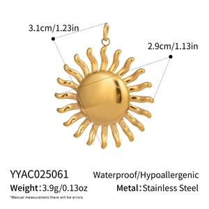 Detail view of 18K gold plated stainless steel sun pendant with size and weight specs