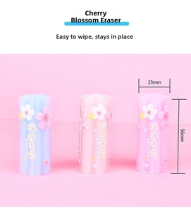 Detail view of cylindrical cherry blossom erasers showing 23mm diameter and 56mm height