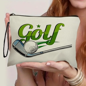 Canvas golf makeup bag for women with green artistic lettering and zip closure