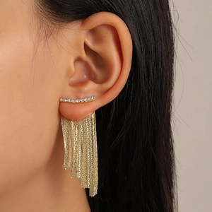 Elegant gold long tassel earrings with sparkling zircon inlay shown on a model