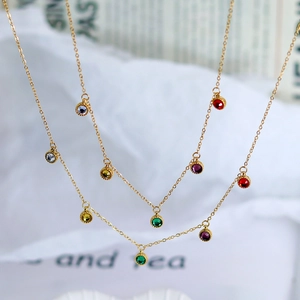 18K Gold Plated Titanium Steel Rainbow Rhinestone Necklace Bracelet Collection Colorful Circular Pendant Jewelry For Women