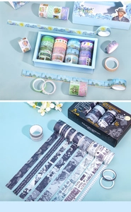 Detailed top view of 20 rolls of artistic washi tape with world-famous paintings patterns