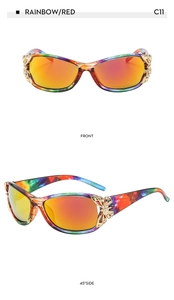Front and 45-degree side views of rainbow wrap-around sunglasses with red lenses