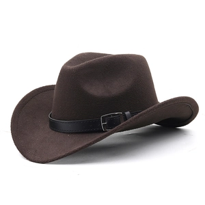 Detail view of a dark brown felt cowboy hat with a black leather band and silver buckle