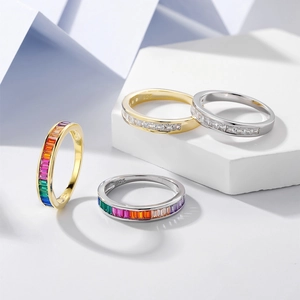 Classic S925 silver channel set rings with colorful and clear baguette crystals