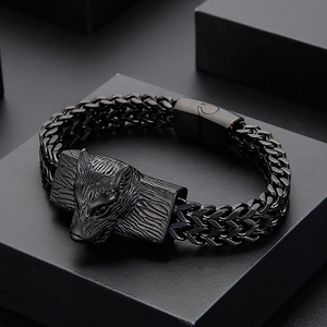 Detail of matte black wolf head relief and double-row dragon bone woven steel bracelet