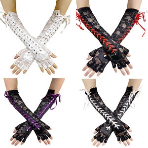 Lace fingerless gloves with ribbon corsets in black, white, red, and purple colors