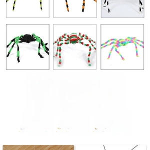 Detailed view of colorful plush spider props with adjustable legs for Halloween decor