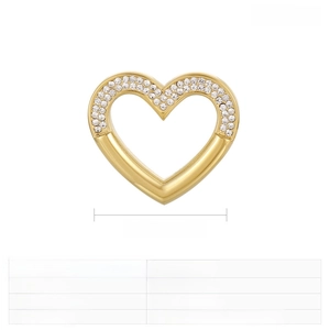 Macro detail of 40x36mm hollow heart pendant with sparkling rhinestones in gold