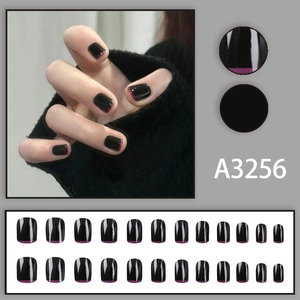 Short square black fake nails with purple French tips in a complete 24-piece salon set