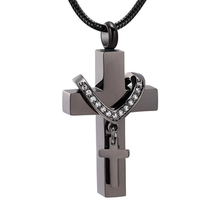 Detail of black stainless steel cross urn necklace with shimmering zircon wrap embellishments