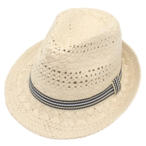 Breathable hollow woven straw cowboy fedora hat with classic black and white striped band