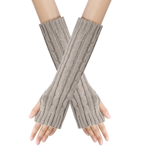 Long khaki cable knit fingerless gloves and warm arm sleeves for men and women