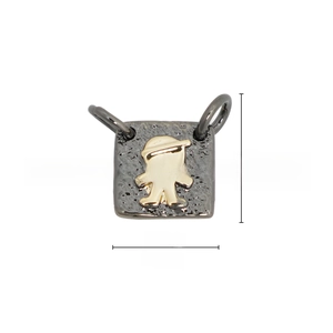 Detail view of 18k gold plated boy pendant with dimensions 9.1mm height and 9.2mm width