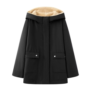 Women's black hooded parka with beige fleece lining and large pockets on white background