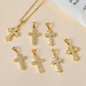 Cross Pendant Gold Plated Stainless Steel Micro Inlaid Zircon Religious Fashion DIY Jewelry Making Accessory