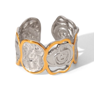 Minimalist bicolor hollow rose ring with hammered texture and adjustable open band