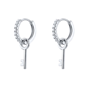 Silver punk style geometric earrings featuring pave-set hoops and key charms