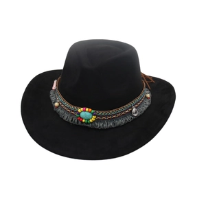 Ethnic bohemian black felt cowboy hat with turquoise stone and tassel decorations