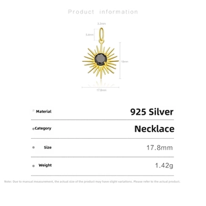 Detailed specs of S925 silver sun pendant with black gemstone and 1.42g weight