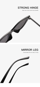 Detail of strong metal hinges and ergonomic glossy black temples on cat eye sunglasses