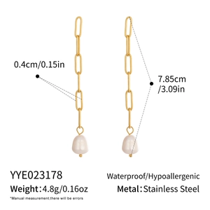 Detailed dimensions of 18K gold plated stainless steel freshwater pearl drop earrings