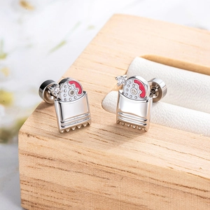 Cute silver french fries cartilage stud earrings with red enamel and clear crystal