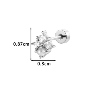 Retro geometric zircon stud earrings with white pearl detail and dimension indicators