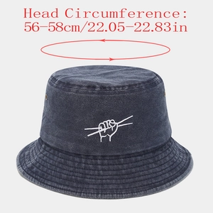 Detail of washed denim bucket hat with hand embroidery and 56-58cm head size guide