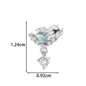 Silver angel wing heart stud earring with blue zircon stone, size 1.24cm by 0.92cm