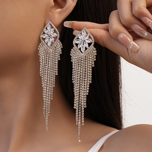 Luxury geometric flower tassel earrings with sparkling zircon crystals and silver base
