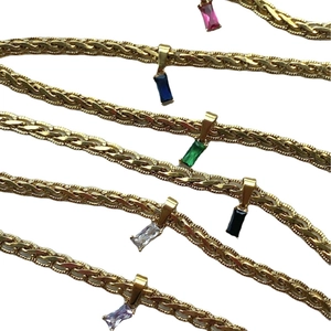18k gold plated braided chain necklace with colorful rectangular zircon pendants in 6 colors