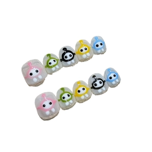 Cute 3D cartoon characters press-on toenails for kids with glitter translucent base