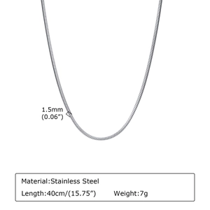 Detail view of 1.5mm stainless steel square snake chain with technical specifications table