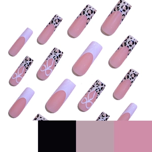 24pcs long square press-on nails with leopard French tips and white bow designs