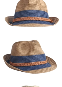 Detail of khaki straw fedora featuring navy and brown layered decorative bands