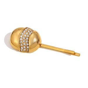 Minimalist egg-shaped 18K gold plated hair clip with half-polished half-rhinstone design