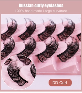Macro detail of 100% handmade DD curl Russian lashes with natural fiber texture