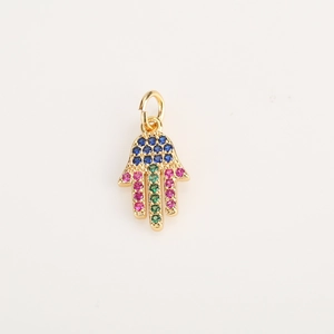 Gold Hamsa hand pendant with colorful cubic zirconia stones and center green gem