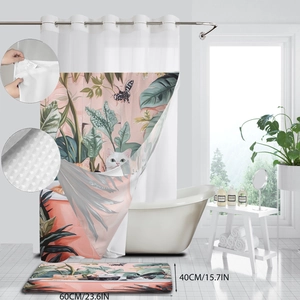 Detail view of floral cat print shower curtain fabric and 60x40cm matching bath mat set